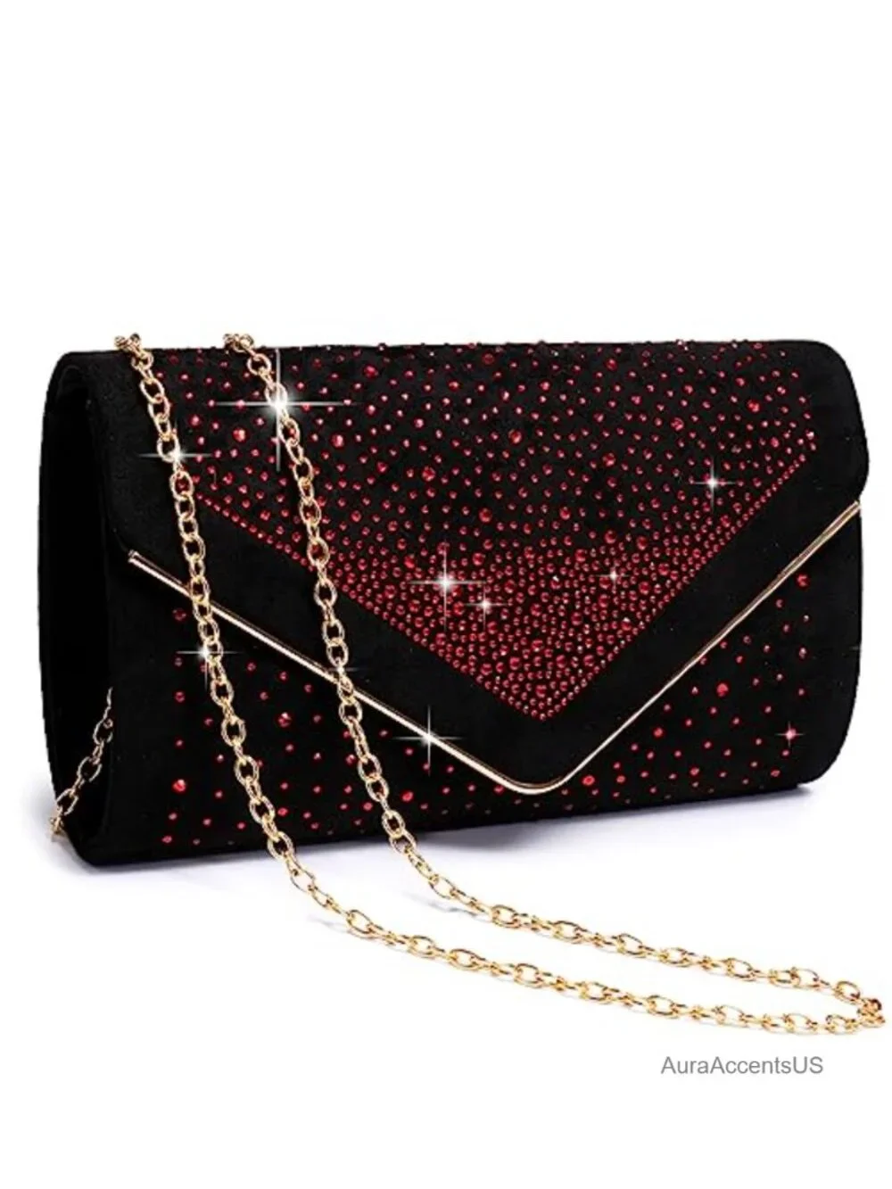 Faux Suede Clutch with Rhinestones Detachable Chain Strap